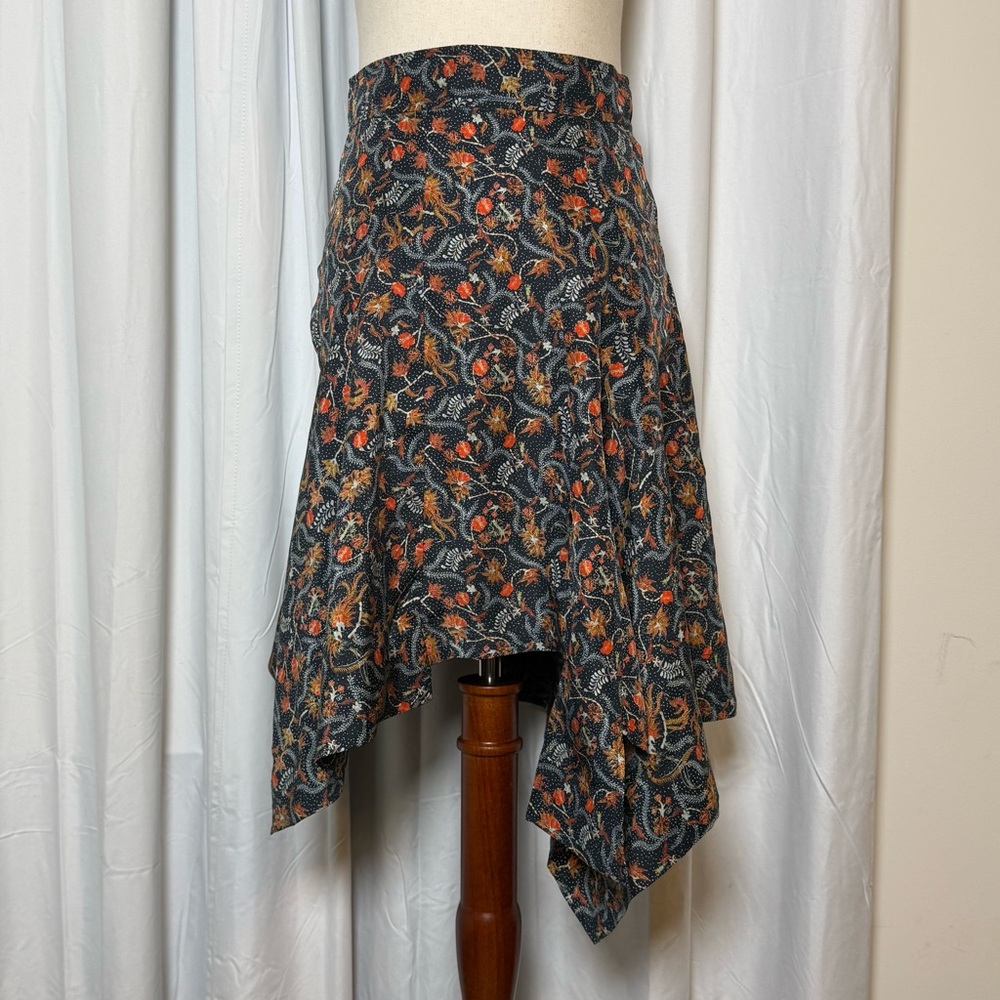 Isabel Marant Silk Asymmetrical Skirt Floral Leaf Print Handkerchief Hem XS